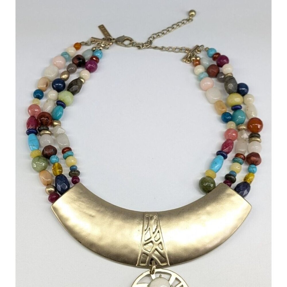 Chico's Huge Chunky Multi Strand Multi Color Stone Gold Tone Medallion Necklace - Picture 7 of 10